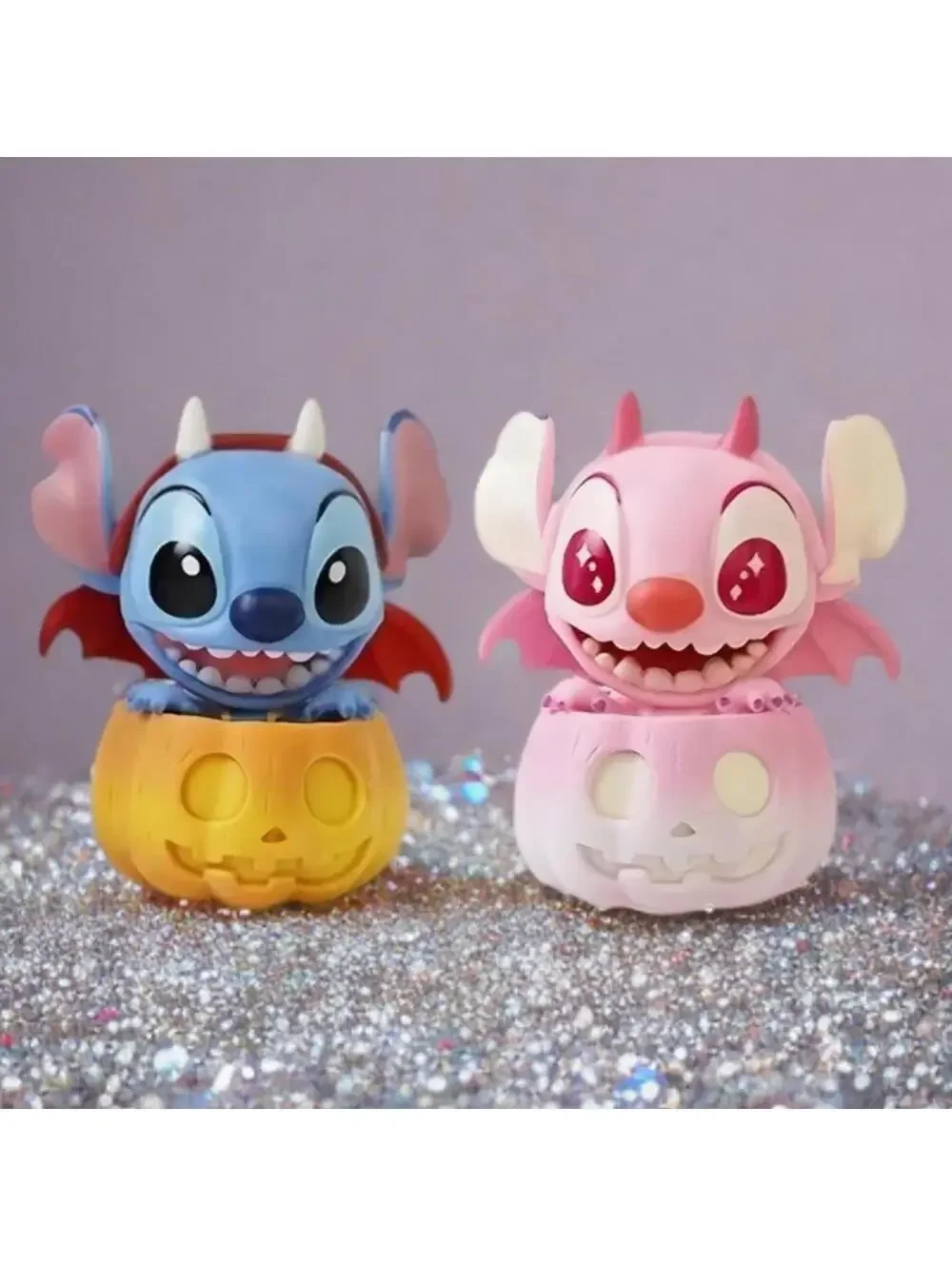 Stitch & Angel Figurine - Pink Halloween Devil In Pumpkin, Kawaii Spooky SET